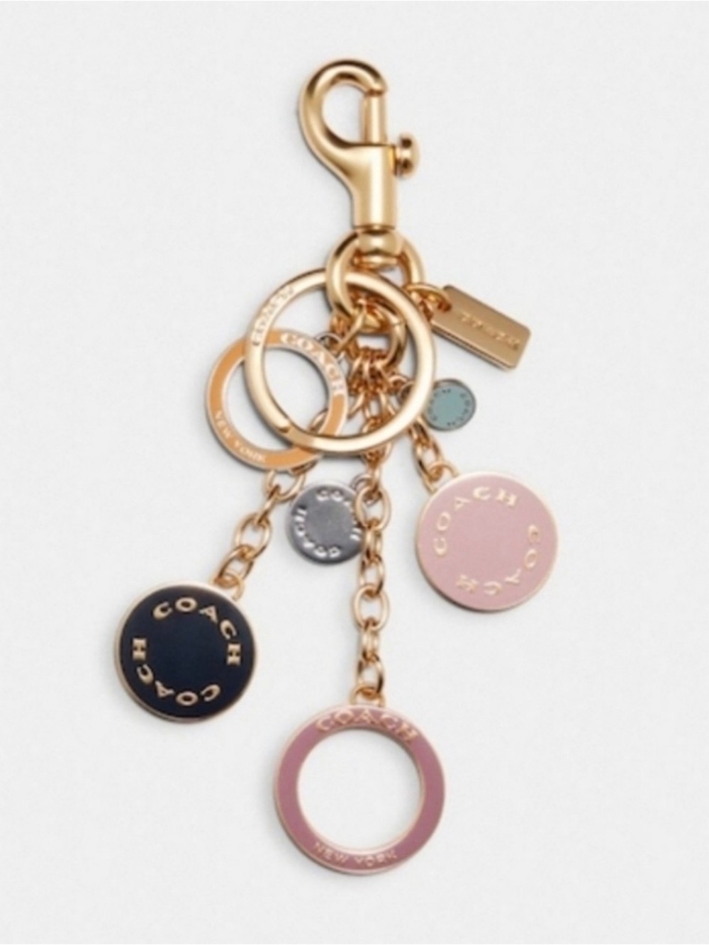 Coach Gold-Tone Multi Charm Key & Card Ring with Pink, Navy, Light Blue Accents